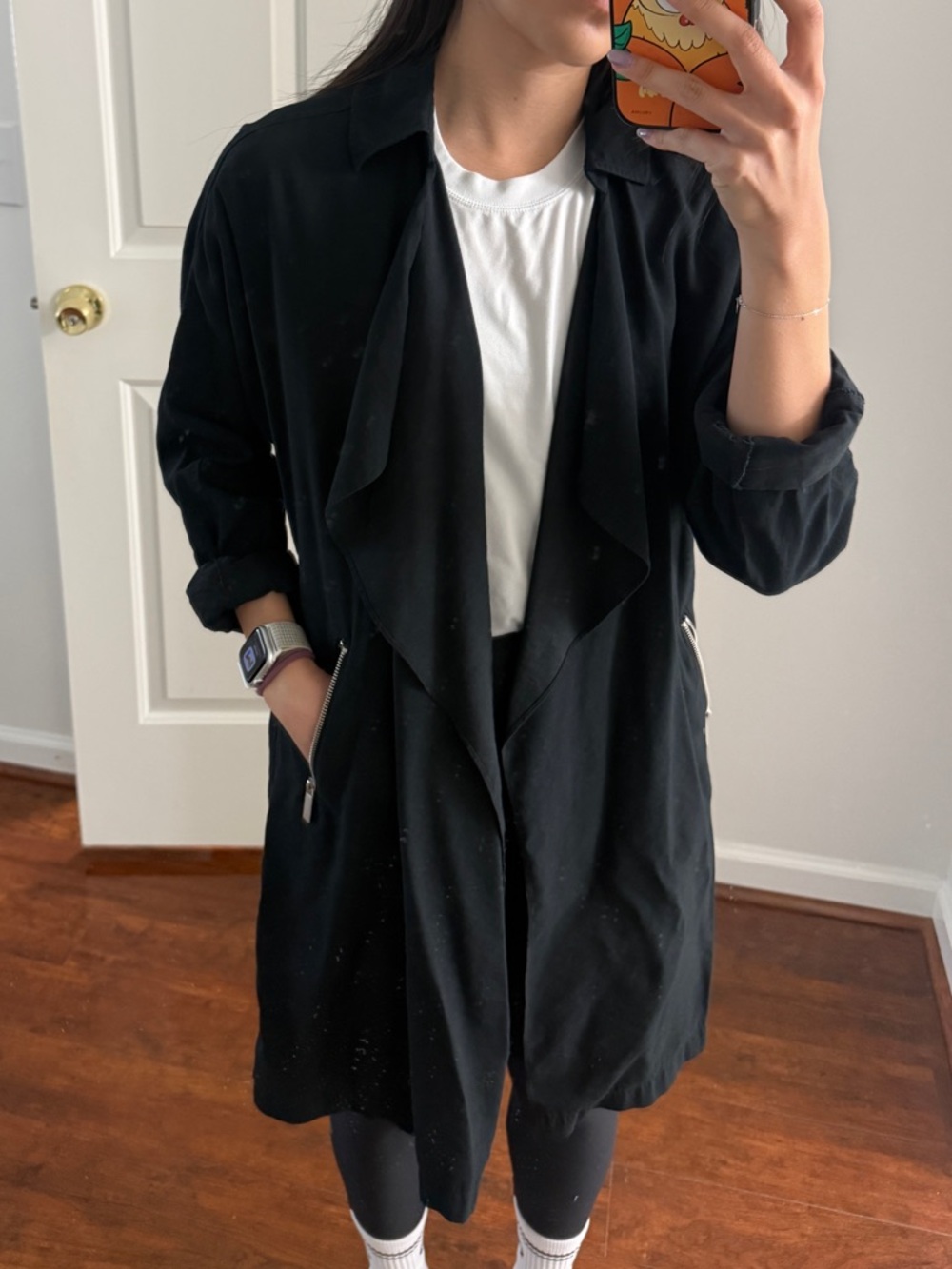 Sebby Collection Black Open-Front Trench Coat with Zip Pockets